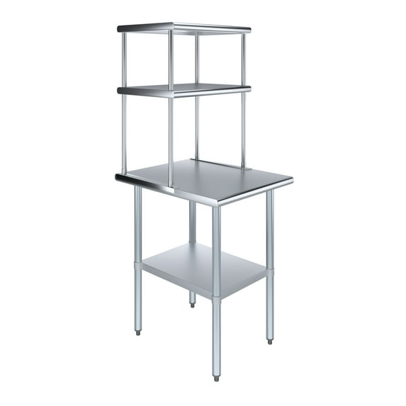 AmGood 30" x 24" Stainless Steel Work Table With 18" Wide Double Tier Overshelf | Metal Kitchen Prep Table & Shelving Combo