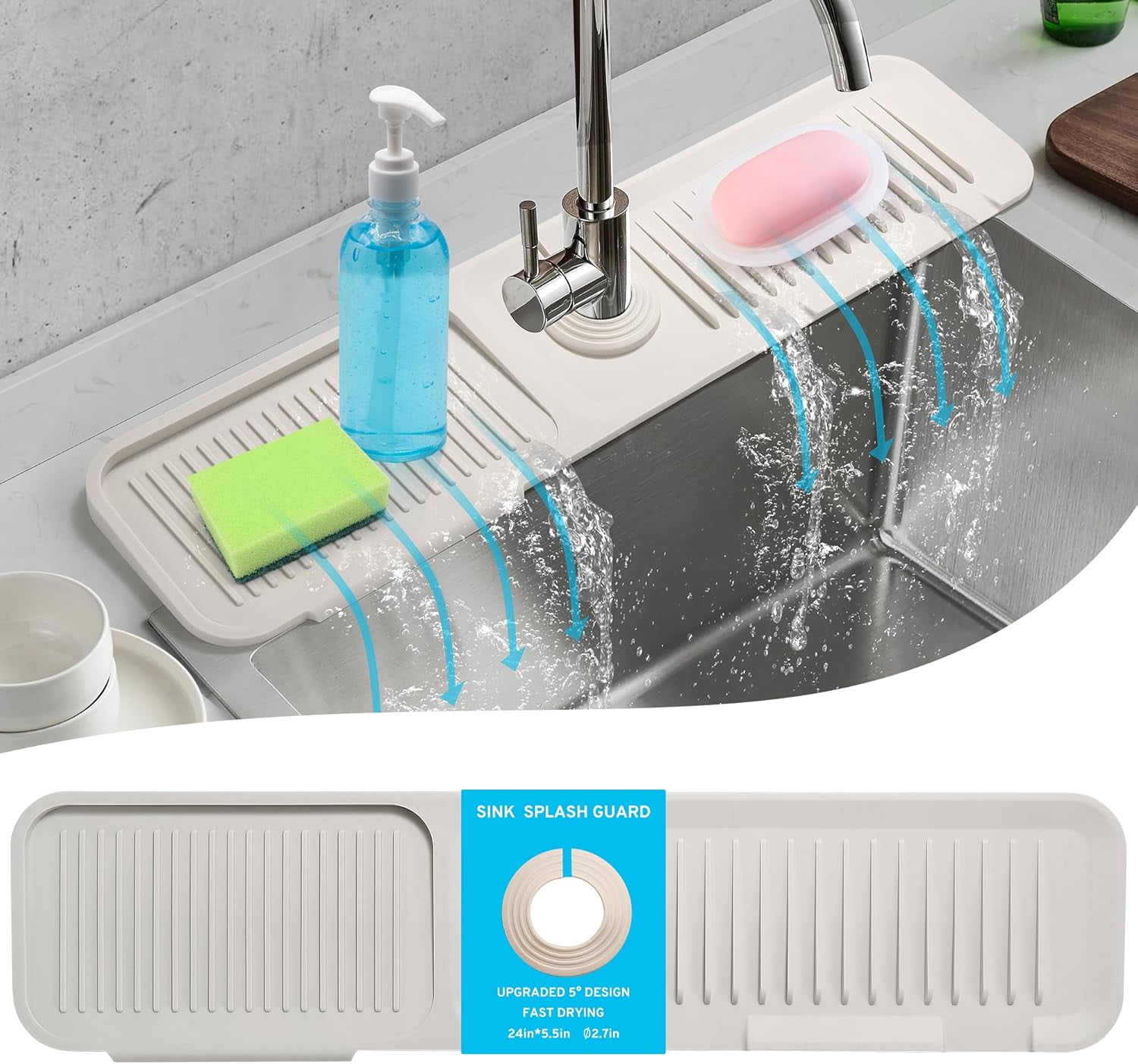 24" Longer Silicone Faucet Splash Guard, 5°Slope Design Faucet Water ...
