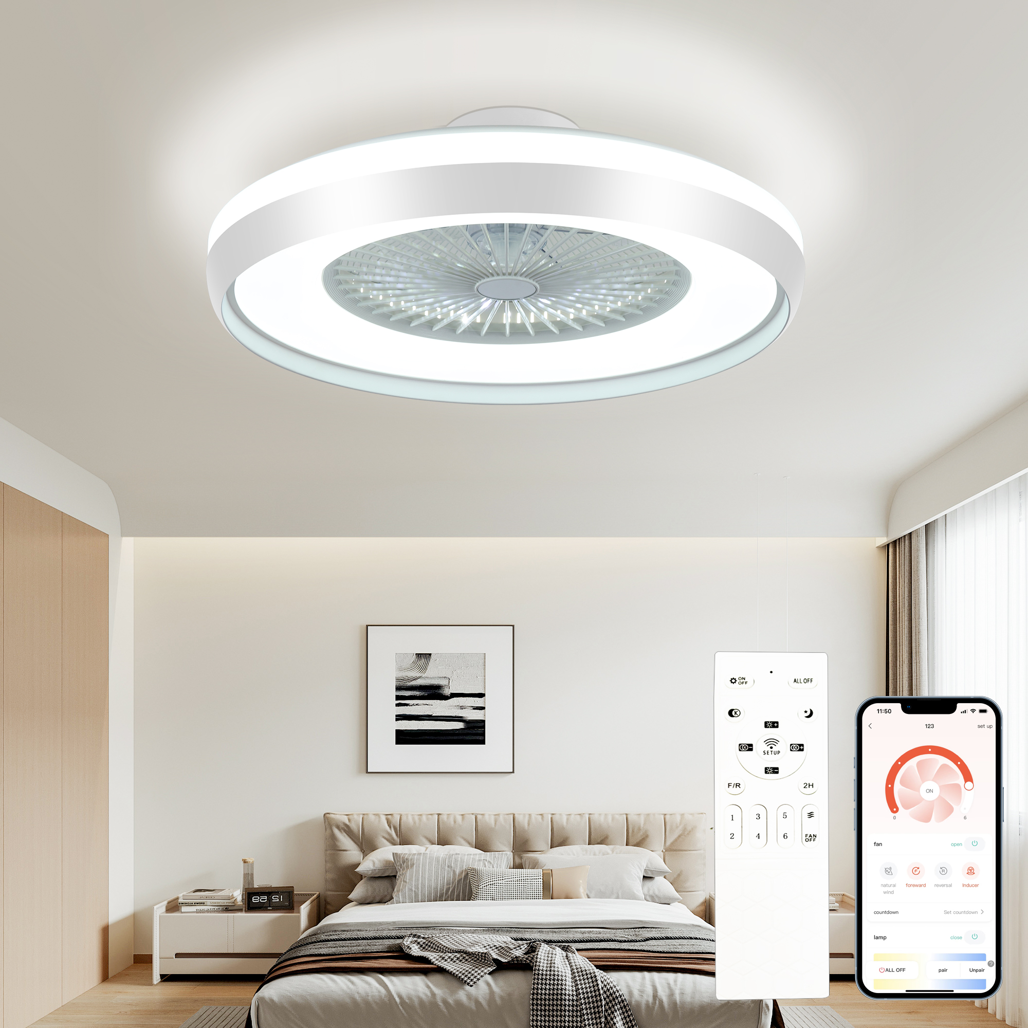 Ventilatore A Soffitto 24 Pollici Basso Profilo Con Luci LED Dimmabili, Telecomando E Controllo APP, 6 Velocità E Pale Reversibili Per Camera Da Letto E Soggiorno