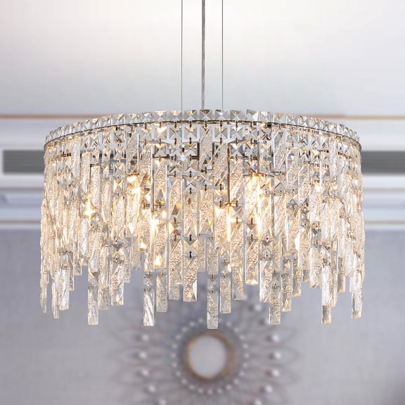 24" Luxurious Round Silver Crystal Chandelier, Contemporary Rectangular Pendant Light For Dining Room, Living Room, And Grand Foyers (Bulbs Not Included)