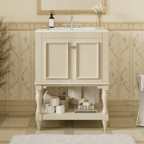 24" Luxury Small Bathroom Storage Cabinet, Bathroom Organizer Cabinet with Ceramic Sink, Compact Vanity Unit for Small Spaces with Open Shelf for Bathroom Decor, Beige