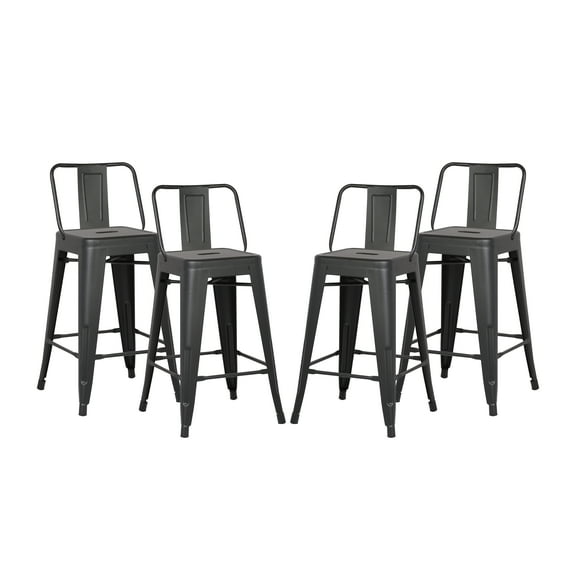 24" Matte Black Industrial Contemporary Rustic Metal Barstools with Bucket Back, Set of 4