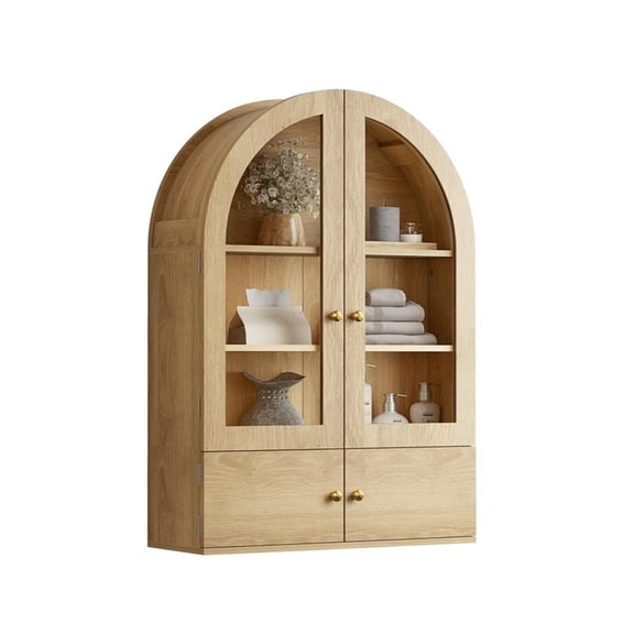 24"W Medium Wood Engineered Wood Arch Wall Cabinet with Glass & Wood Doors