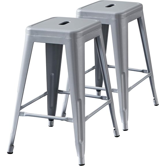 24 Metal Backless Barstool Set of 2 Country Rustic Style, Lightweight & Sturdy Build, Easy Assembly Silver