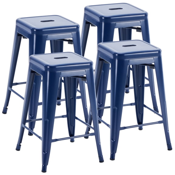 24" Metal Bar Stools Set of 4, Backless Counter Height Barstools for Kitchen & Outdoor, Stackable, Blue
