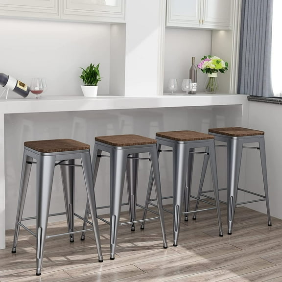 24" Metal Bar Stools Set of 4 Industrial Stackable Stools for Kitchen Counter Height Backless Barstools with Wood Seat Silver