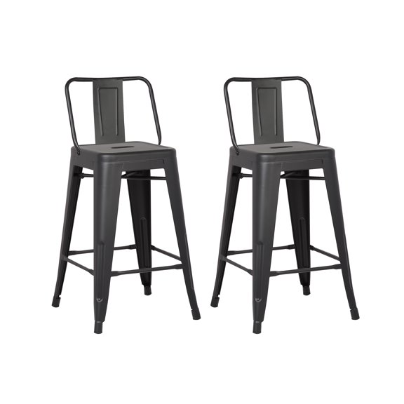24"Metal Barstool,Country Rustic Style with Back, Kitchen Counter Bar Stool, Lightweight & Sturdy Build, Set of 2 -Matte Black