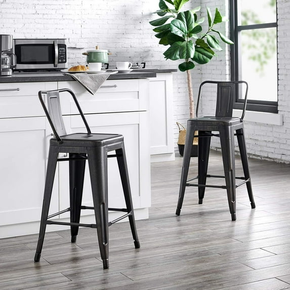 24"Metal Barstool,Country Rustic Style with Back, Kitchen Counter Bar Stool, Lightweight & Sturdy Build, Set of 4 -Matte Black
