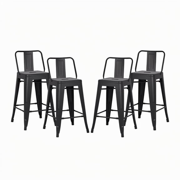 24"Metal Barstool,Country Rustic Style with Back, Kitchen Counter Bar Stool, Lightweight & Sturdy Build, Set of 4 -Matte Black