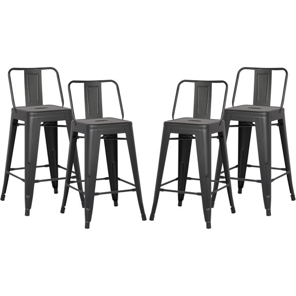 24 Metal Barstool Set of 4 Country Rustic Style with Low Back, Lightweight & Sturdy Build, Easy Assembly Matte Black