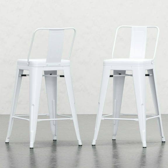 24" Metal Counter Stool Of 2 In White - Contemporary Industrial Design With Curved Backs And Footrests For Comfort Durability Height Stools, 24 Inch White, Modern Style Stability