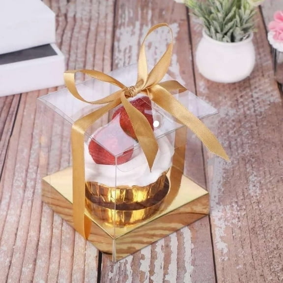 24 Metallic Gold Clear Cupcake Gift Boxes includes Cupcake Insert and Gold Ribbon for Gift Gifting, Party, Wedding