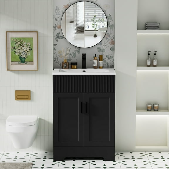 24" Mid Century Modern Single Bathroom Vanity with Ceramic Sink Top, Zinc Alloy Faucet, Painted Surface