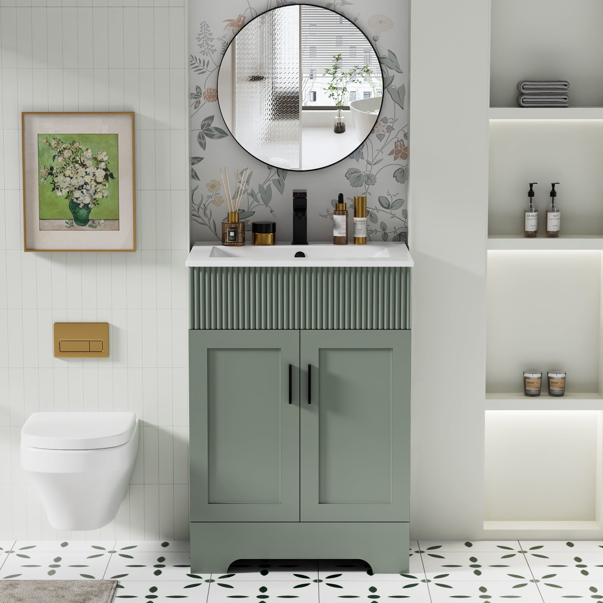 24" Mid Century Modern Single Bathroom Vanity with Ceramic Sink Top, Zinc Alloy Faucet, Painted Surface