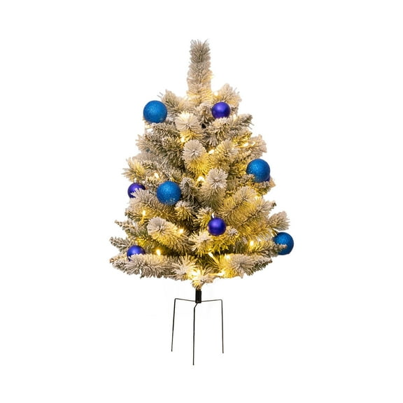 24'' Mini Artificial Christmas Tree with LED Lights, Faux Pine Cones and Berrys, Pre-Lit Snow Flocked Xmas White Trees, Christmas Porch Decor Fake Trees for Outdoor, Home & Yard