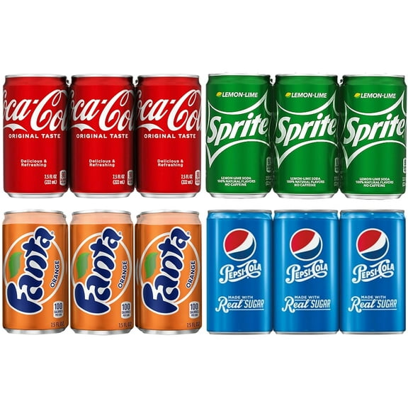 24 Mini Cans Of Variety Soda, 4 Flavors, 6 Coke Classic, 6 Pepsi Real Sugar, 6 Sprite, 6 Fanta Orange, 7.5 Fl Oz