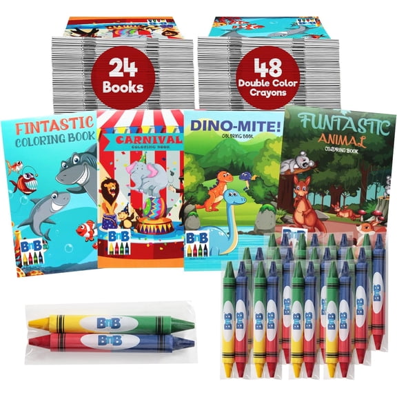 24 Bulk Coloring Books & Crayons For Kids, 4 Colors Crayons For Each Book, Thicker Crayons Great Party Favors Stocking Stuffers, (24 PACK)