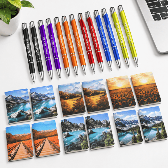 24 Mini Motivational Pens Notepads Bulk Office Gift Set Scenery
