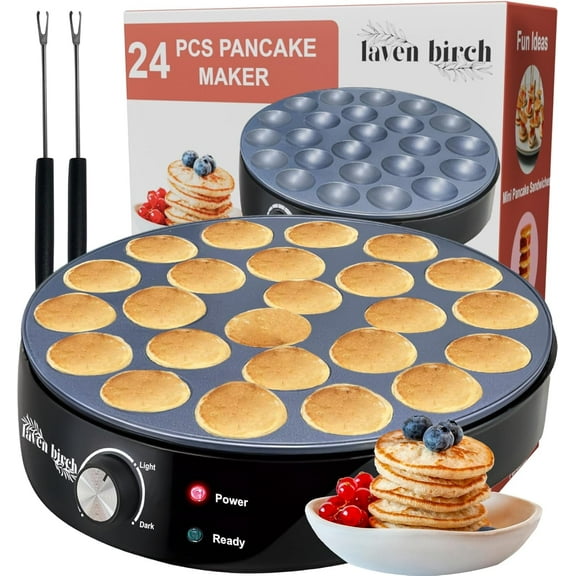 24 Mini Pancake Maker Machine, Nonstick Electric Dutch Pancakes Griddle, Adjustable Heat Multi-Use Poffertjes Pan, Simple & Easy Baker for Home and Restaurants, Perfect for Breakfast & Desserts