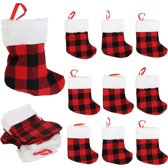 24 Mini Red Buffalo Plaid Christmas Stockings Hanging Ornaments For Decor