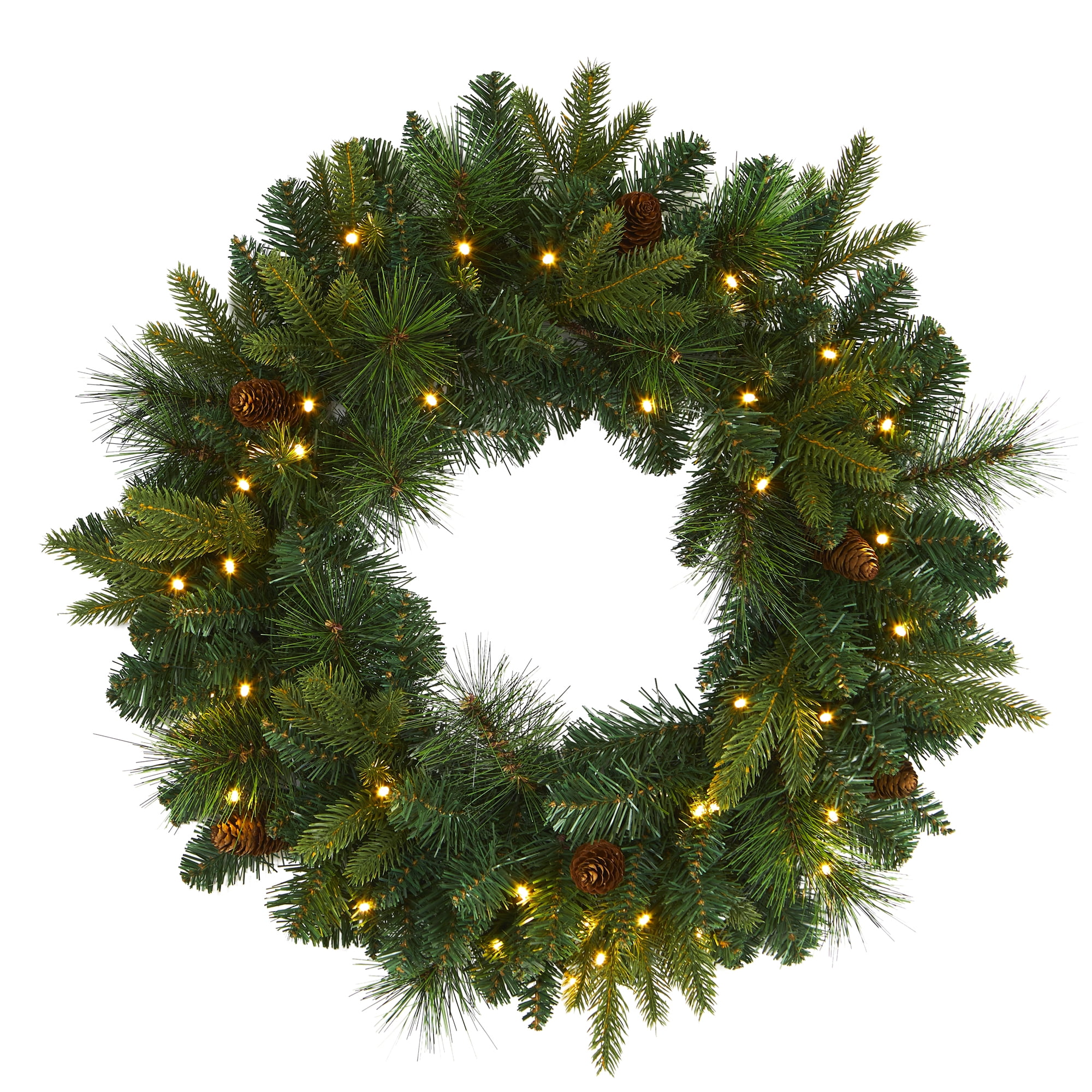 24" Green Pine Artificial Christmas Wreath with LED Lights and Pinecones