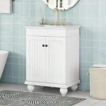 24" Modern Bathroom Vanity with Ceramic Sink, Bathroom Sink Cabinet with Rectangular Ceramic Basin, Bathroom Vanities Cabinet with 2 Doors, Solid Wood Frame & Adjustable Shelf, White