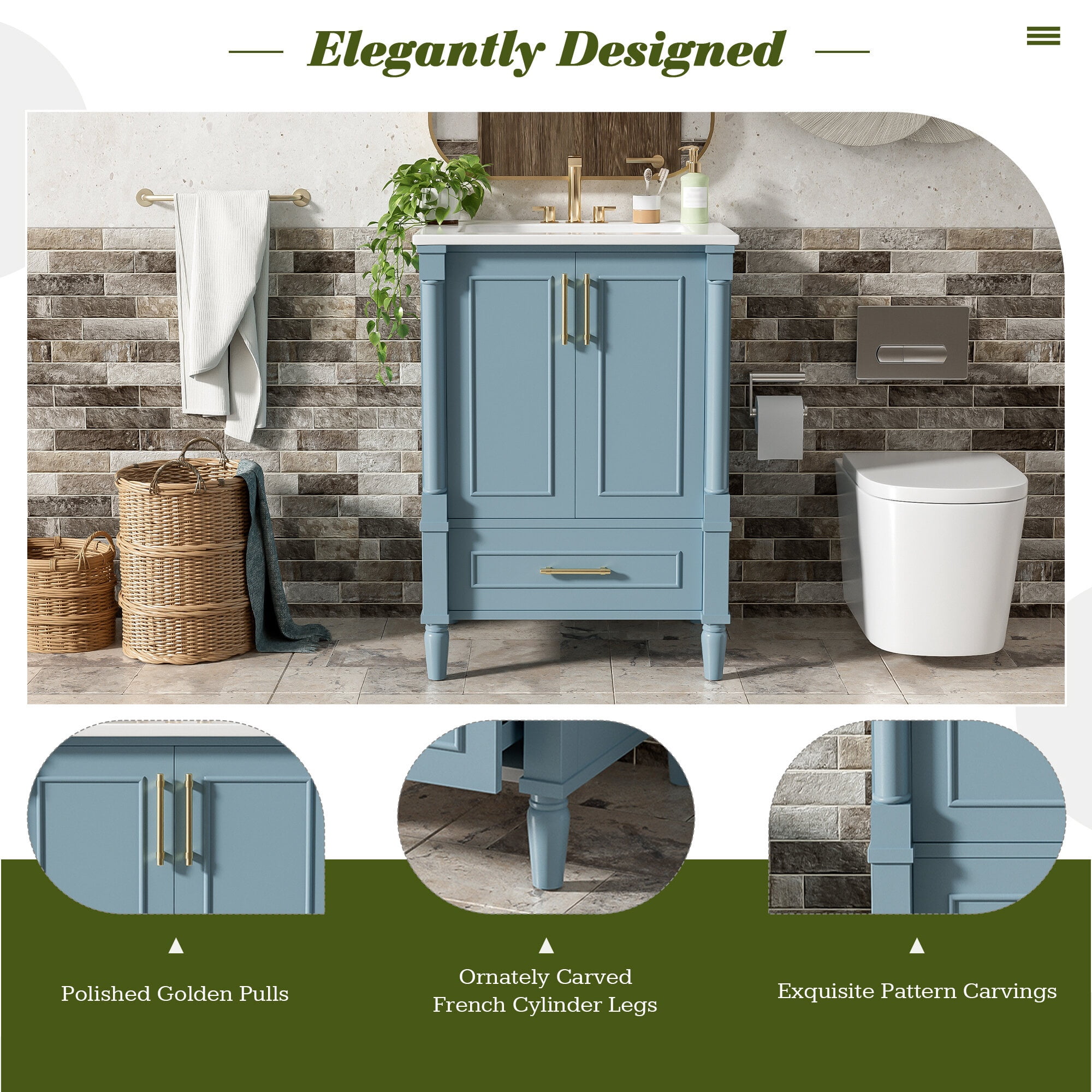24 Modern Bathroom Vanity Indigo Blue with Ornate Motif & Soft-Close ...