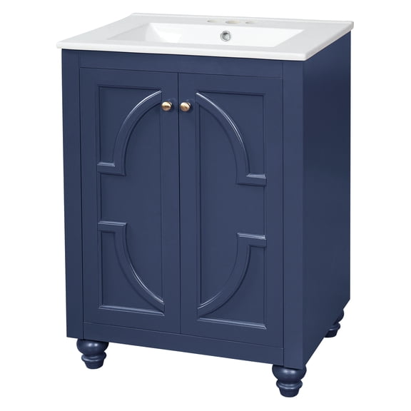 24" Modern Bathroom Vanity with Ornate Elliptical Motif Design & Soft-Close Hinges, Bathroom Cabinet with Back Open Structure, Ball-Turned Legs with French Elegance
