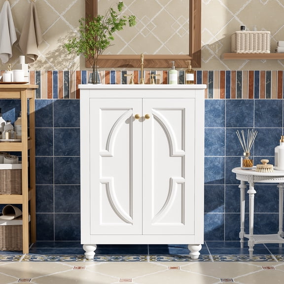 24" Modern Bathroom Vanity with Ornate Elliptical Motif Design & Soft-Close Hinges, Bathroom Cabinet with Back Open Structure, Ball-Turned Legs with French Elegance