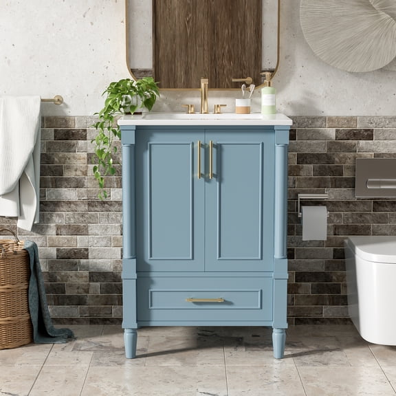 24" Modern Bathroom Vanity with Ornate Motif Design & Soft-Close Hinges, Bathroom Cabinet with Drawer and Back Open Structure, Ornately Carved French Cylinder Legs