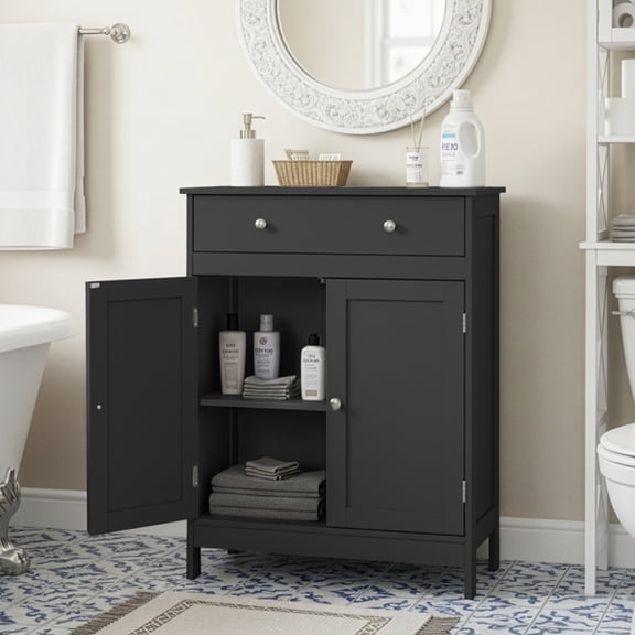 24" Modern Black Bathroom Floor Cabinet, Freestanding Storage Organizer with Double Doors and Drawer, Slim Matte Black MDF Pantry for Small Spaces