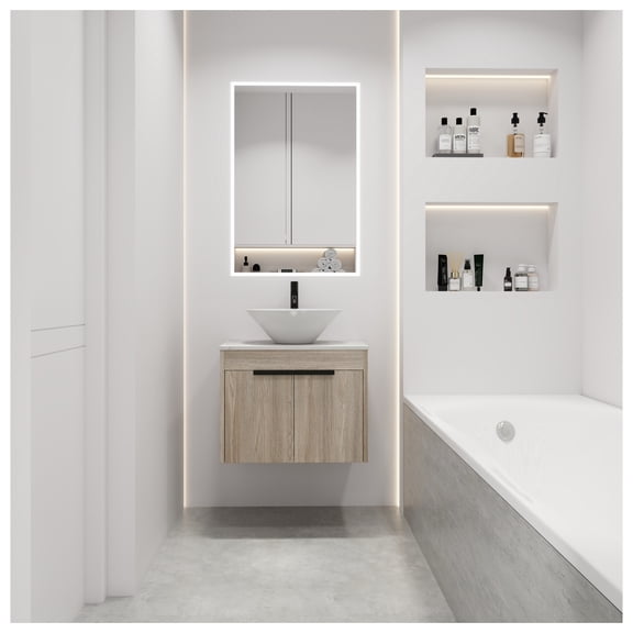 24 " Modern Design Float Bathroom Vanity With Ceramic Basin Set, Wall Mounted White Oak Vanity With Soft Close Door,KD-Packing,KD-Packing,2 Pieces Parcel(TOP-BAB217MOWH)