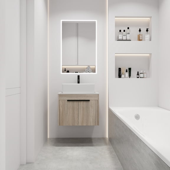 24 " Modern Design Float Bathroom Vanity With Ceramic Basin Set, Wall Mounted White Oak Vanity With Soft Close Door,KD-Packing,KD-Packing,2 Pieces Parcel(TOP-BAB321MOWH)
