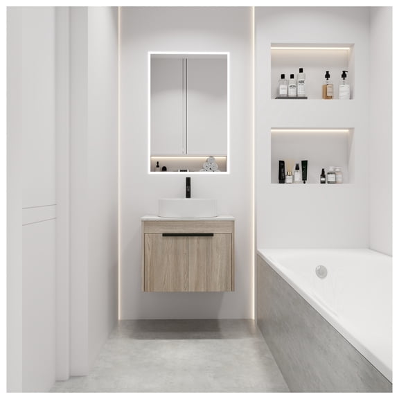24 " Modern Design Float Bathroom Vanity With Ceramic Basin Set, Wall Mounted White Oak Vanity With Soft Close Door,KD-Packing,KD-Packing,2 Pieces Parcel(TOP-BAB400MOWH)