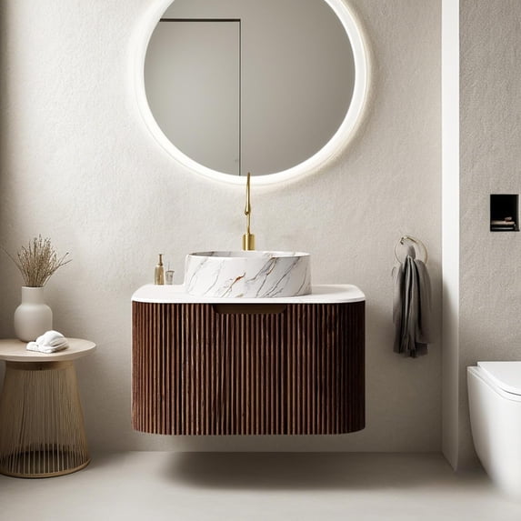 24" Modern Floating Bathroom Vanity with Sink, Wall-Mounted Cabinet with Ultra-Thin Ceramic Basin and Marble Top, Extra Large Storage Drawer, Soft-Close Design, Dark Walnut