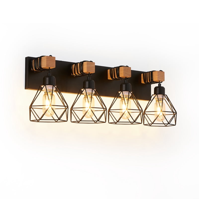 24" Modern Geometric 4-Light Vanity Light Fixture with Black Metal and Wood Accents, Cage Lampshade for Bathroom, Bedroom, Living Room (Bulbs Not Included)