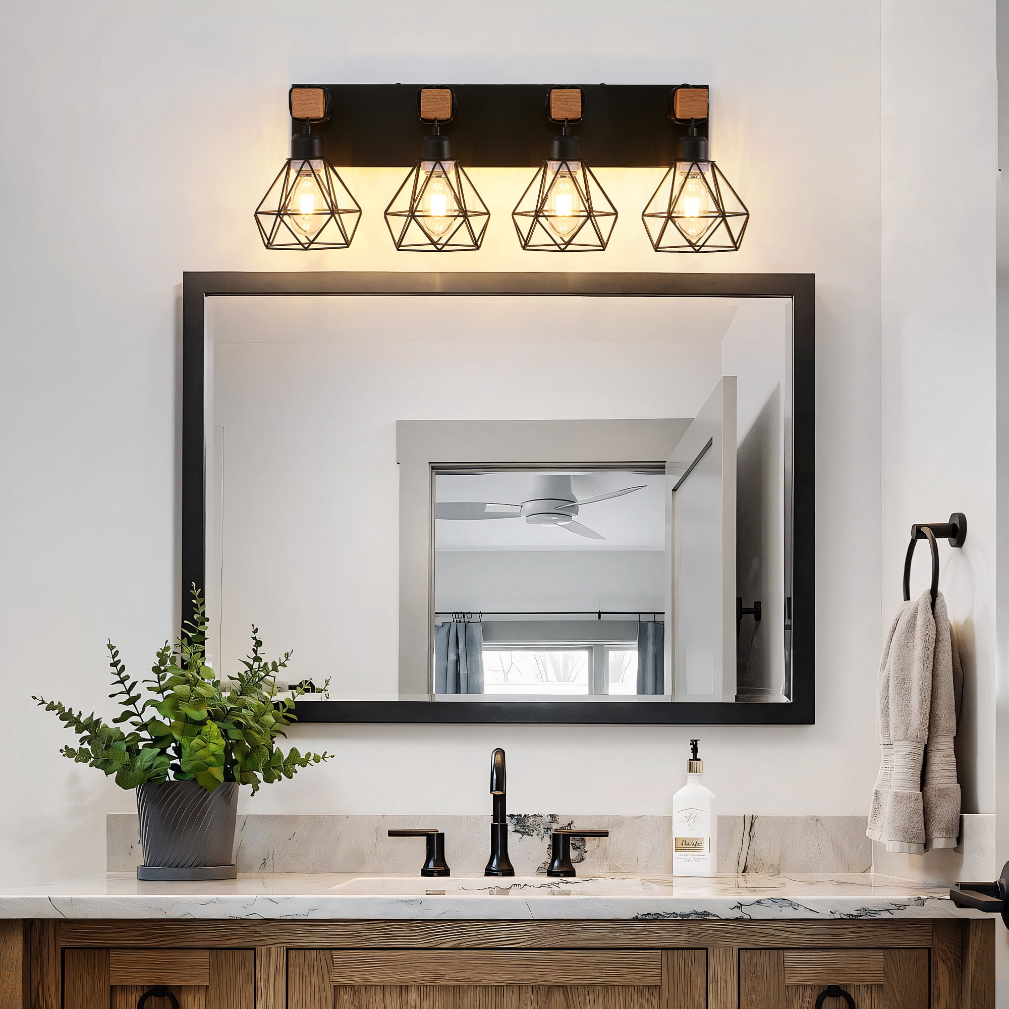 24" Modern Geometric 4-Light Vanity Light Fixture with Black Metal, Wooden Accents and Cage Lampshade for Bathroom, Bedroom, or Living Room (Bulb Not Included)