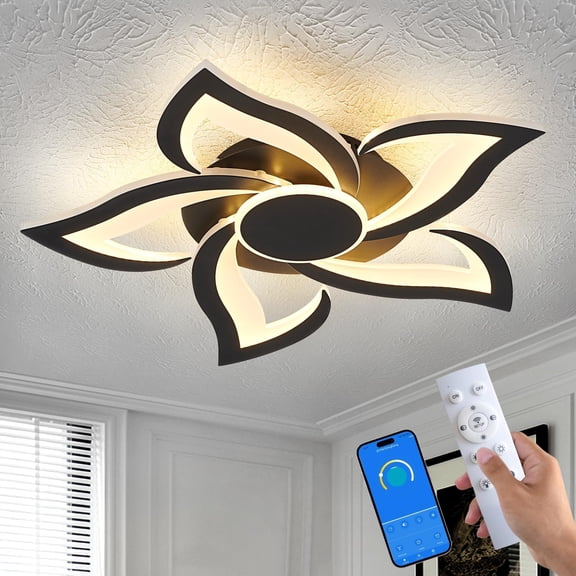 24" Modern Geometric Ceiling Light Fixture, Black Dimmable 3 Colors LED Close to Fixtures with Remote, Low Profile Flush Mount for Kitchen, Living Room