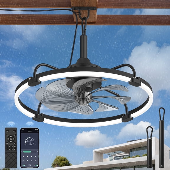 Lokivas 24" Waterproof Outdoor Gazebo Ceiling Fan with Light, Quiet 6 Speeds, APP & Remote Control, IP65 Plug-in Caged Fan with Hanging Hook, 3CCT Dimmable for Patio Pergola