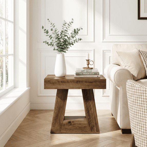 24" Modern Side Table 2-Tier Narrow Wooden End Table Trapezoid Base Farmhouse Small Nightstand For Living Room Bedroom Sofa Couch Side Table (Brown)