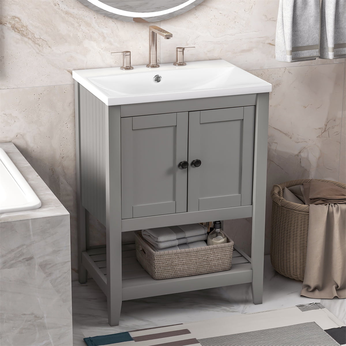24 Modern Stylish Bathroom Vanity with Porcelain Sink and Open Shelves,White - ModernLuxe