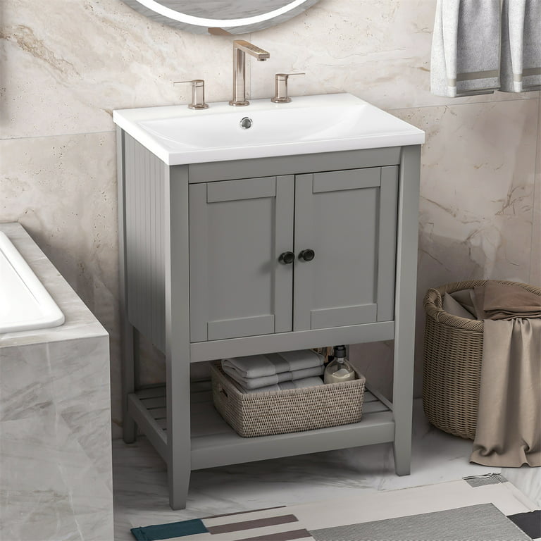30 Bathroom Vanity with Single Sink,Modern Bathroom Storge Cabinet with  Door and Open Shelves,Freestanding Bathroom Sink Vanity Combo,Metal  Frame,Easy Assemble,Black