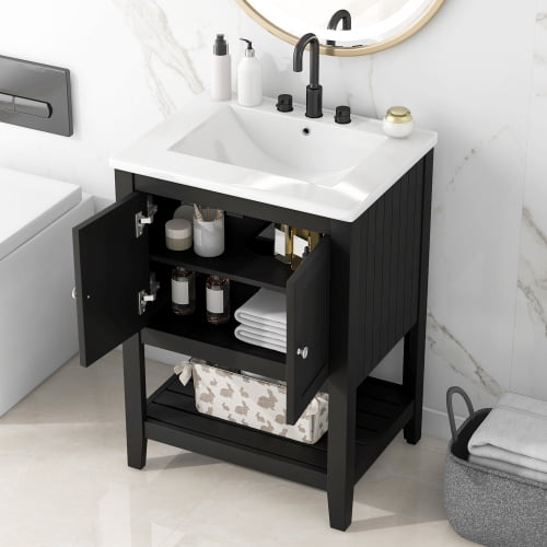 24" Modern Sleek Small Bathroom Storage Cabinet, Bathroom Organizer Cabinet with Open Shelf, Compact Vanity Unit for Small Spaces with Ceramic Sink for Bathroom, Black