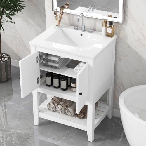 24" Modern Sleek Small Bathroom Storage Cabinet, Bathroom Organizer Cabinet with Open Shelf, Compact Vanity Unit for Small Spaces with Ceramic Sink for Bathroom, White