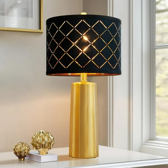 24" Modern Table Lamp for Living Room Bedroom, Gold Nightstand Resin Lamp with Black Grid Shade