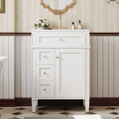 24" Moisture-resistant Modern Freestanding Vanity Cabinet, Modern Bathroom Cabinet with multi-layer storage space, Freestanding Vanity with french retro style for daily bathroom storage, White