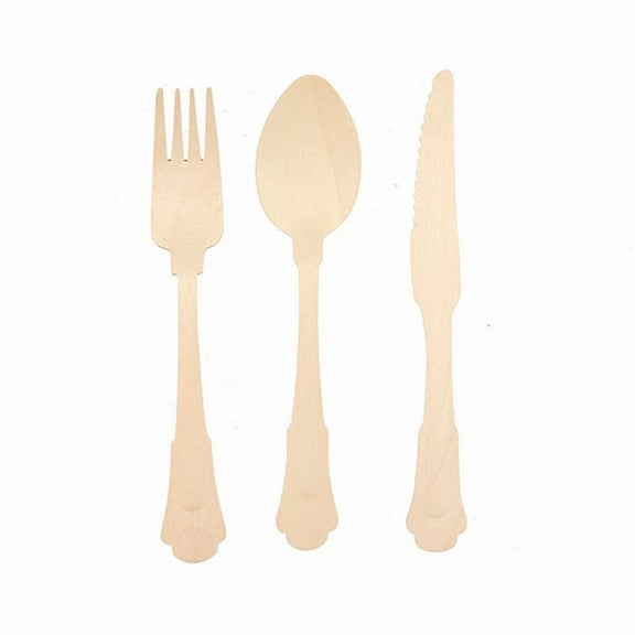 24 Natural Birchwood Cutlery Baroque Design Spoons Forks Knives Set Party Events