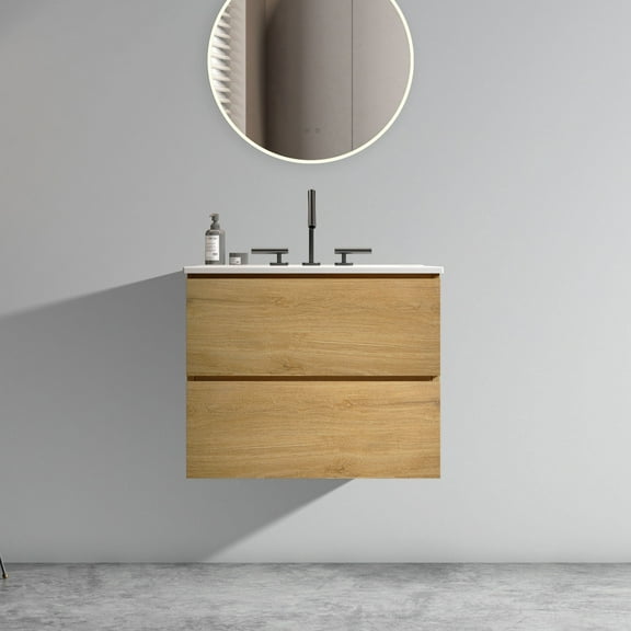 24" Natural Oak Bathroom Vanity with Ceramic Sink with Three Faucet Holes, Large Storage Floating Bathroom Vanity for Modern Bathroom, One-Piece Sink Basin Without Drain, Pre-assembled
