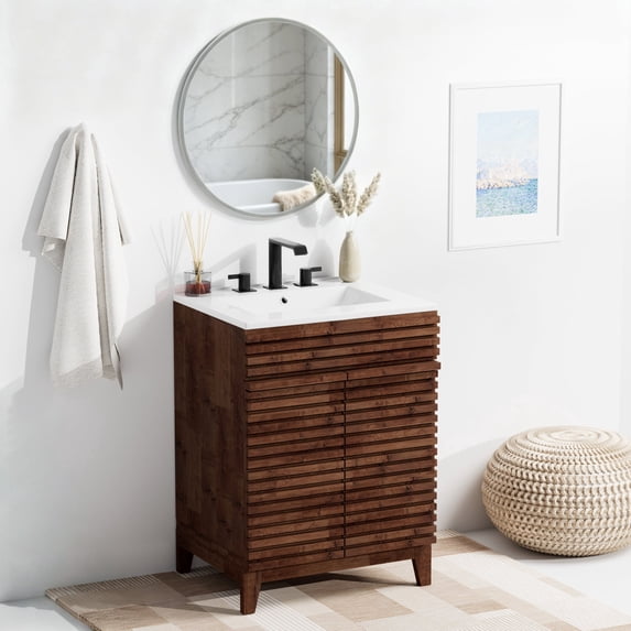 24" Nature Acacia Wood Bathroom Vanity with Ceramic Sink and Sliver Round Mirror, Freestanding Bathroom Vanity Cabinet with 2 Invisible Soft Closing Doors, Acacia Wood Grain