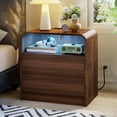 thumbnail image 1 of 24" Night Stand with Charging Station & LED Light, 2 Handleless Drawers End Table with Open Shelf, Modern Nightstand Side Table for Bedroom, Curved Profile, Walnut, 1 of 9
